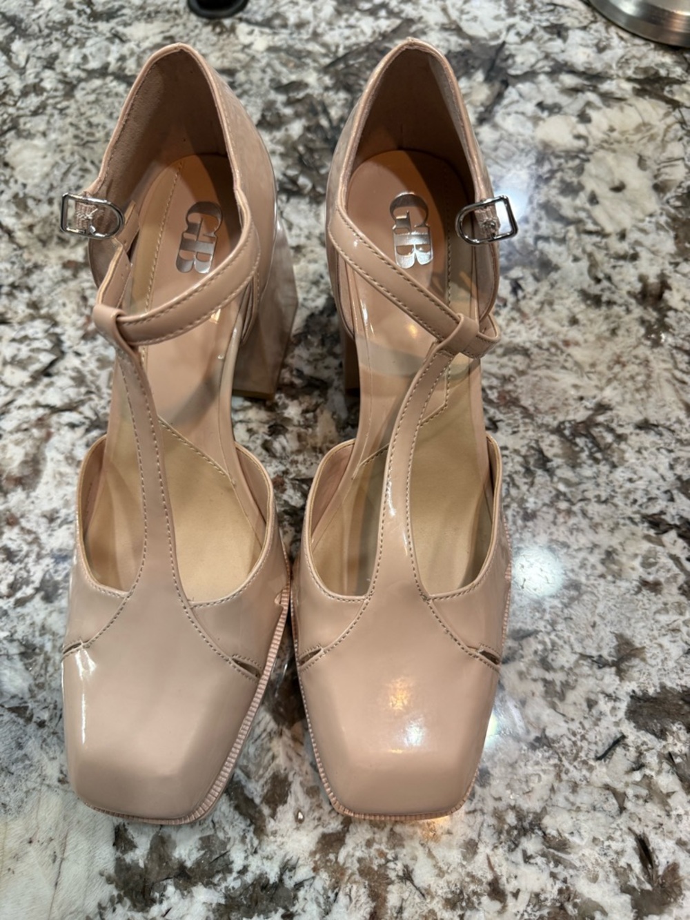 Gianni Bini Blush Patent T-Strap Block Heels
